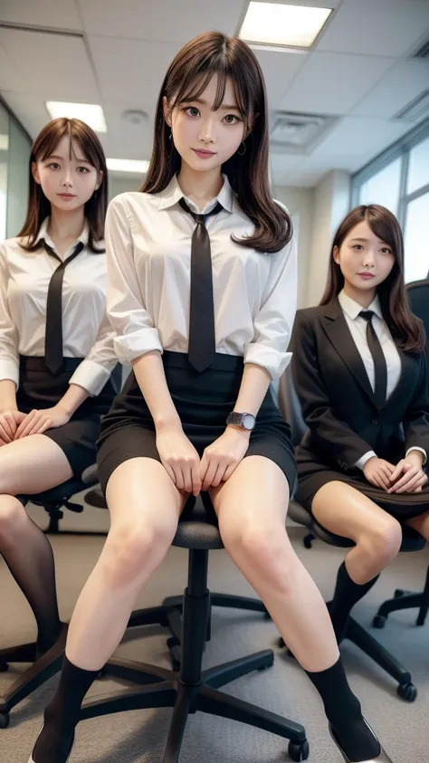 are standing,group shot,office suits,medium hair,pencil skirt,short socks、leg spread,squat,bend over:1.5.ahegao,orgasm,
((highes...