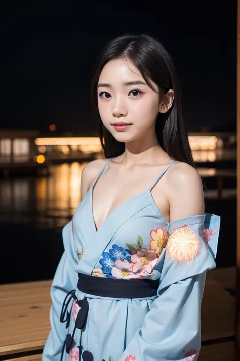 (firework), (upper body:1.5), Girl Standing In Schoolyard, Cumulonimbus clouds floating in the night sky, (Summer Yukata:1.1), (18 years old:1.2), (make up:1.3), (Very slim:1.4), Brown eyes
