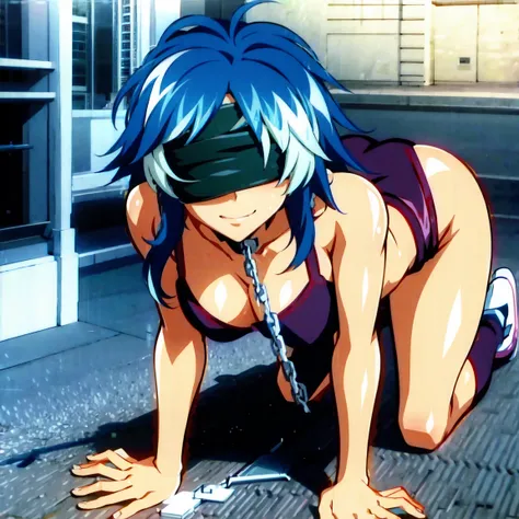 blue hair, ((((((blindfold)))))), tank top, sleeveless, shorts, messy hair, (((hands on the ground, on all fours))), (((chain leash, viewer holding chain leash))), full face blush, smile,  long hair, large breasts, cleavage, 
