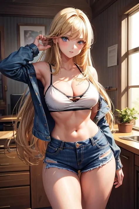 Draw Samantha, a blonde female character with long hair down to her waist. blue colored eyes, breasts small, Waist slender, big and perky ass. A very beautiful woman with an attractive body. Wearing ripped black denim shorts and an orange spaghetti strap b...