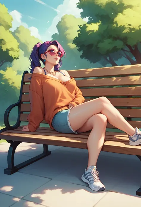 woman relaxing on park bench 