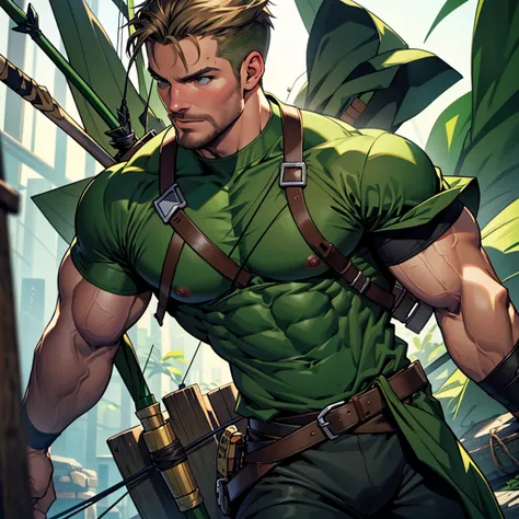 8k, high quality , detailed face , detailed fingers ,detailed muscles  stephen amell as green arrow , wearing dark green outfit   , showing a dark blond short hair , a thick facial hair , hard nipples, a bulge ,hunk and handsome, aiming with his bow and ar...