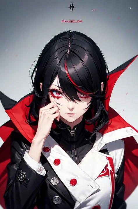 Black Hair、One-eyed、Long bangs、Red Mesh、Dark Eyes、phantom thief joker、Crossdresser、Shortcuts、Long eyelashes、cute、cool、No exposure、neutral、Black Coat