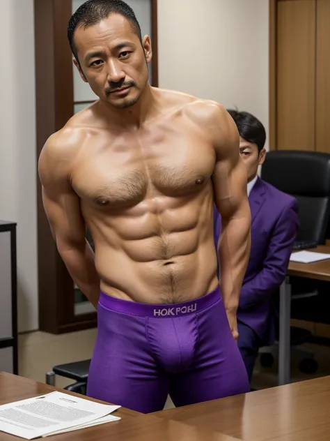 40 years old，Hidetoshi Nakata，（Kogoro Mori 1.3），whole body，Lean，muscle，office，Purple socks，Feet raised，On the table，Standing，Baldhead ，transparent，Thick body hair，underwear，Topless，Densely hairy，Fortitude，HD，With a mustache