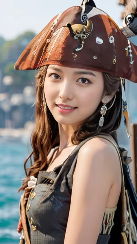 Pirates of the Caribbean:1.6)}, Sexy female pirate, The big fuss, Impressionist painting,((Standing on a hill overlooking the sea)),（masterpiece）、(Highest quality:1.5)、(Photorealistic:1.2)、(Surreal), (High resolution), (Realistic), (Post-processing),(Sharp...