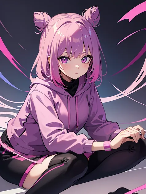 1girl, solo, teenager, slim, curvy, medium, bangs, straight hair, bun,
multicolored hair
dark purple hair with pink highlights, pink eyes, light purple hoodie, sunglasses, black leggings, sitting, cute, close up, oshi no ko, star shaped pupils