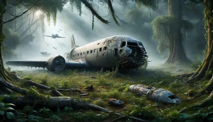 a highly detailed, high resolution illustration of a crashed spacecraft landing in a field surrounded by trees. the spacecraft m...