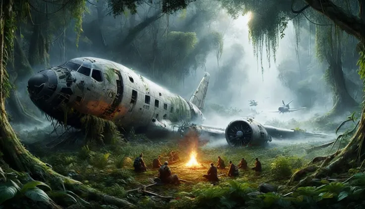 a highly detailed, high resolution illustration of a crashed spacecraft landing in a field surrounded by trees. the spacecraft m...