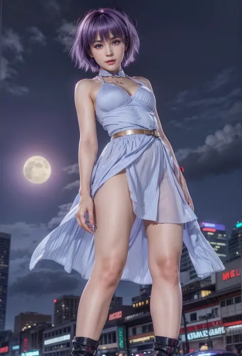 Ayane, purple hair, red eyes, (best quality, ultra-detailed), (realistic:1.37), beautiful and detailed face, ultra-realistic texture, delicate face, delicate body, red lipstick, long-lasting colors. high definition, 8K. expression with a sexy look