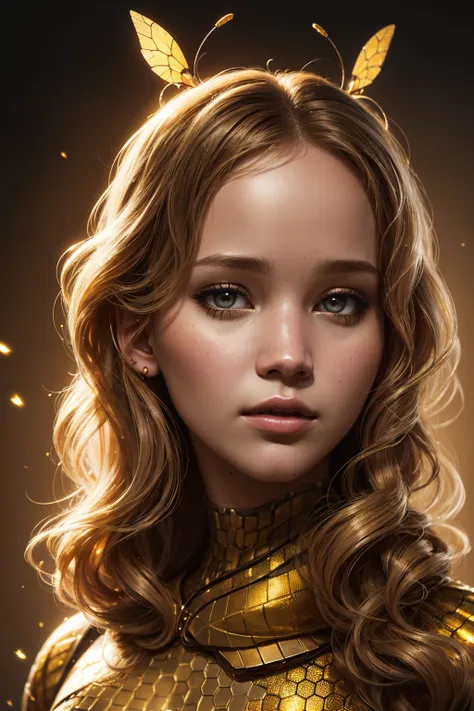 portrait Jennifer Lawrence, wearing bee costume, against the background of a beehive, character portrait, 9 9 9 0 s, wavy hair, intricate, elegant, highly detailed, digital painting, artstation, concept art, smooth, sharp focus, illustration, art by wlop, ...