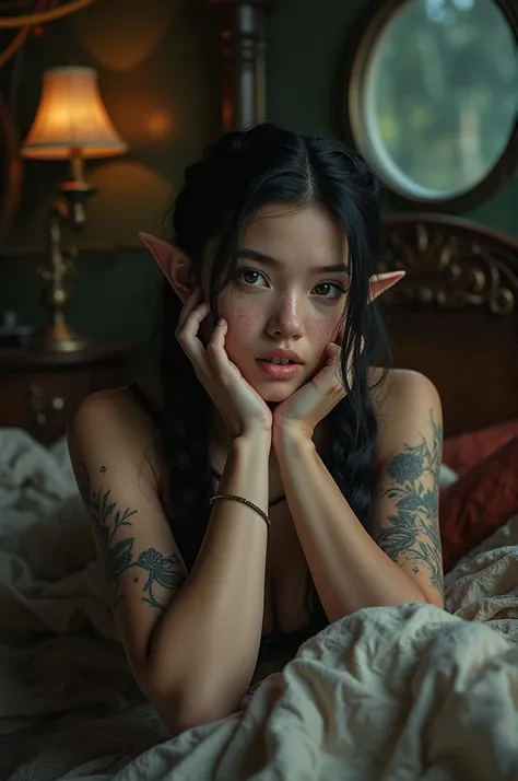 (Realisttic:1.2), analog photo style, Beautiful elf woman, posing, with freckles and long black hair braided, (steampunk dark fantasy atmosphere), soft natural light, cute and sexy, great quality, lying in a steampunk bed and looks at you, steampunkroom, M...