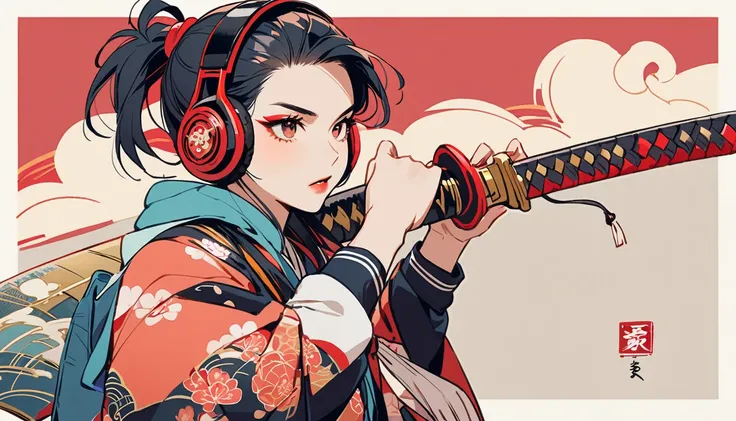 (((2 girl))), (((Flashy makeup))), (((Japanese style headphones))), (((Japanese pattern hoodie))), (((Japanese sword))), (((Female samurai))), Japanese beautiful girl, Black Hair, Delicate and precise, Modern ukiyo-e style, Japanese flag, battle mode