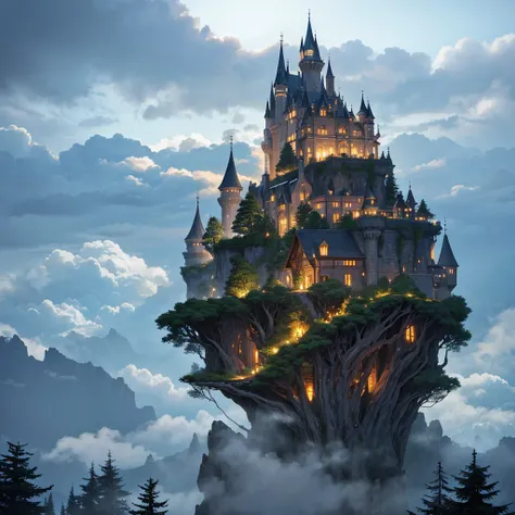 A An old castle on top of a giant tree in the middle of a dense forest with a magical aura emanating from inside the castle surrounded by trees and plants. fantasy world with tall, snowy mountains reaching into the sky through the clouds, 