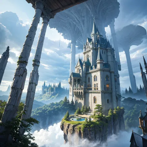 A An old castle on top of a giant tree in the middle of a dense forest with a magical aura emanating from inside the castle surrounded by trees and plants. fantasy world with tall, snowy mountains reaching into the sky through the clouds, 