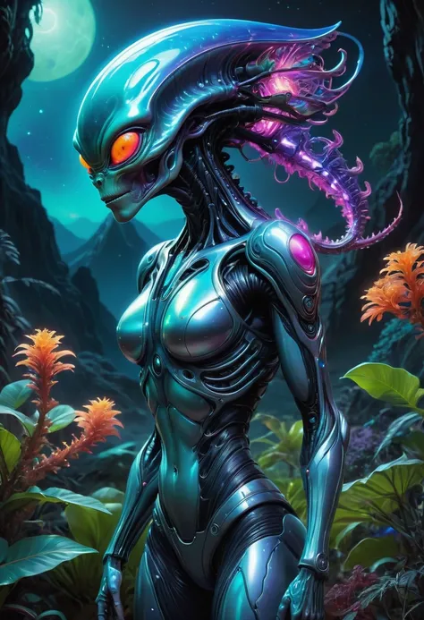 (3D，Cyborg aliens，fear，ais-scrapyrd，Alien alien creatures，Black Light Art)，(使用广角镜头拍摄whole body图像:1.9)，(masterpiece:1.1)，(Highest quality:1.1)，(HDR:1.0)，Ambient Light，Ultra high quality，(Ultra-detailed original illustrations)，((((An alien creature，Possessin...