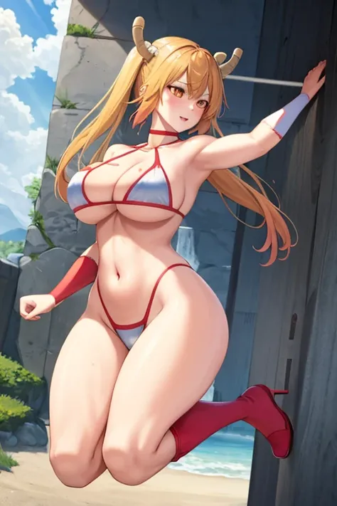 masterpiece, best quality, beautiful art, high resolution, well formed hands, body and fingers, 1 woman, solo, Tohru  , 31 years old, full body picture, grown up, adult, large and rounded breasted, cleavage, hair ornament, wearing a Tyris Flare outfit ,  w...