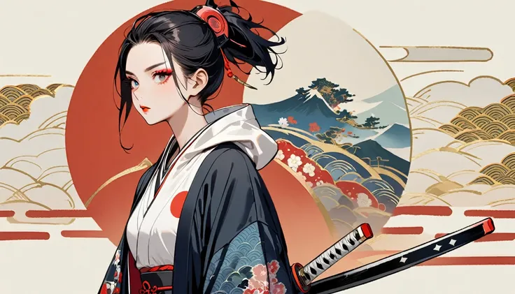 (((2 girl))), (((Flashy makeup))), (((Japanese style headphones))), (((Japanese pattern hoodie))), (((Japanese sword))), (((Female samurai))), Japanese beautiful girl, Black Hair, Delicate and precise, Modern ukiyo-e style, Japanese flag, battle mode