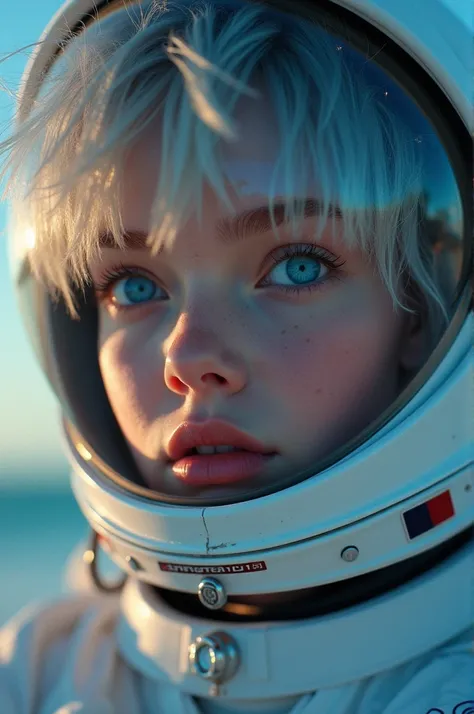 (Close-up of a better masterpiece:1.5)0.9], (Space and astronauts:1.2) (Messy silver hair:1.1) (Heterochromia xanthochromia and blue eyes:1.2) (Space Helmet:1.0) (Colored stars in the eyes:1.0) (A radiant glow:1.1) (thick lips:0.9)