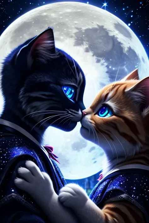 (Highest quality、masterpiece、8k))、Anatomically correct、Very detailed、High resolution、Cinematic lighting、Realistic、((Beautiful, sparkling, detailed eyes))、Intricate details、((Dynamic composition))、Two kittens、Big head、Beautiful white moonlit night、full moon...