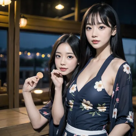 (firework), (upper body:1.5), Cumulonimbus clouds floating in the night sky, (Summer Yukata:1.1), (30 years old:1.2), (make up:1.3), (Very slim:1.4), Brown eyes
