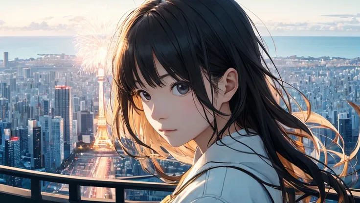 Shiraishi Mei, Looks exactly like Shiraishi Mei、Time is night、From a high-rise apartment room、Tokyo Tower in the background、Big fireworks、Oceanの方を向いている後ろ姿、Woman looking up at the sky ,Long Hair,  Black Hair,, Photo from the side, Realistic, Highest quality...