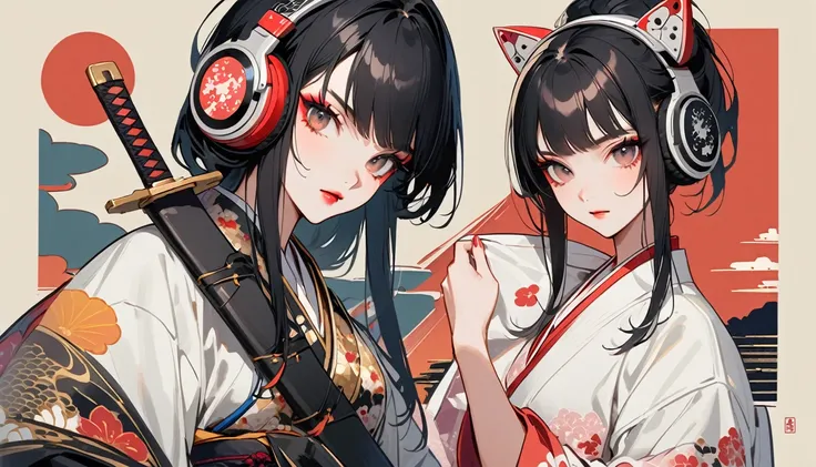 (((独奏))), (((Flashy makeup))), (((Japanese style headphones))), (((Japanese pattern hoodie))), (((Japanese sword))), (((Female samurai))), Japanese beautiful girl, Black Hair, Delicate and precise, Modern ukiyo-e style, Japanese flag, battle mode