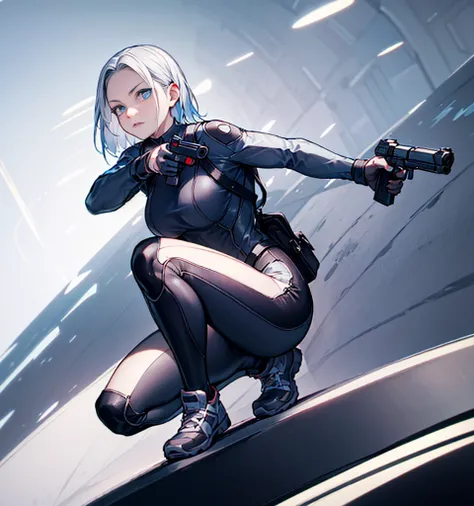 A young woman with short hair and a bold expression、I have a gun in my hand。she、Surrounded by sleek designs of futuristic headsets and eyes covered with goggles。She holds the gun with confidence、Because I&#39;m ready to compete、The chest is prominent。