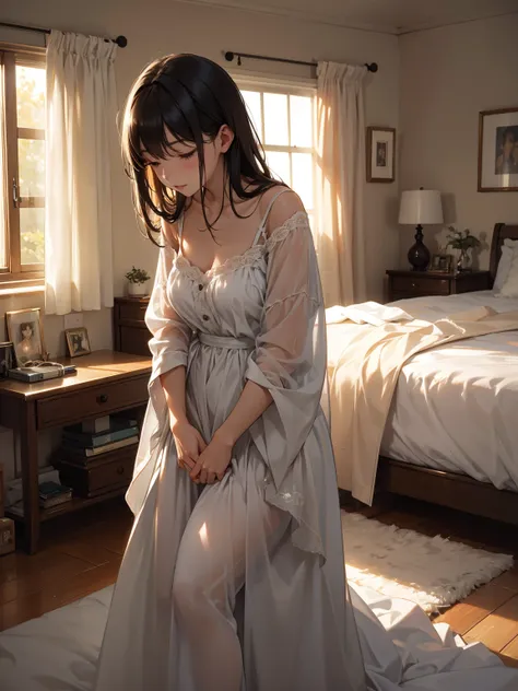 /imagine prompt: A photographic image of a bedroom in the early morning, soft sunlight streaming through the window, wife gently getting out of bed, careful not to wake her sleeping husband. The background shows a cozy, warmly lit room with soft shadows an...