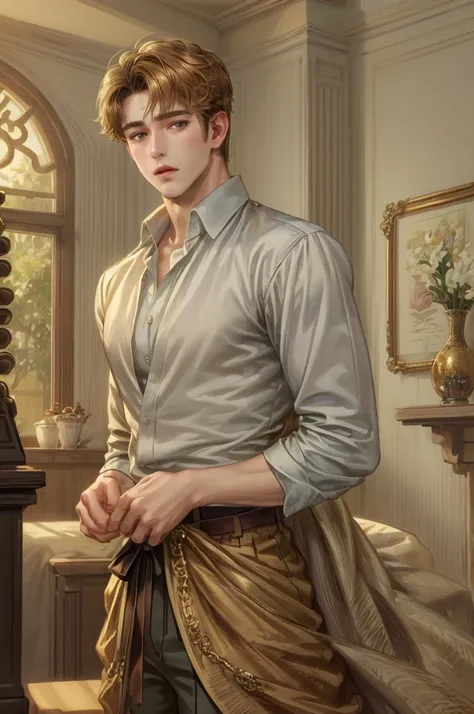 ((Best quality)), ((masterpiece)), (detailed), ((perfect face)), ((halfbody)) handsome face, male, teen boy, perfect proportions , golden brown short hair ((character from bridgerton male version)) detailed interior, cozy home