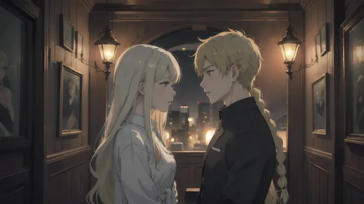 ((Highest quality)), ((masterpiece)), (detailed), A girl with long blonde hair、Confessing to a muscular blonde, Side view of the scene, A passionate confession, Cozy atmosphere, Pleasant lighting