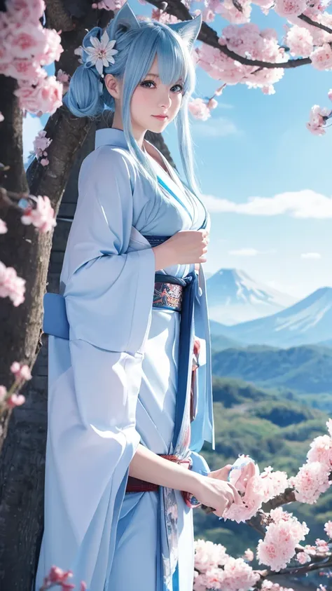 An illustration、Japanese 、White skin、blue eyes、Light blue hair（Wolf Cut）、kimono（Miko costume）、examiner、