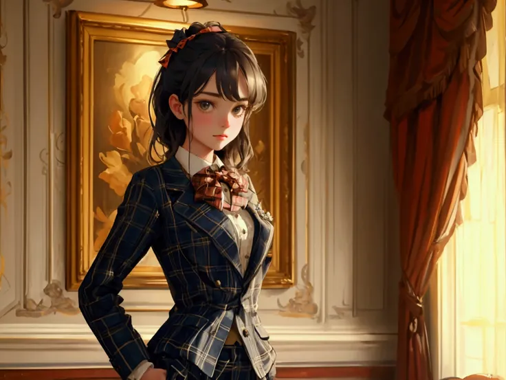 Create a beautifully detailed image featuring a cute girl . The girl should be wearing the same plaid suit with a bow tie and standing confidently with a hand in her pocket. The background should remain a luxurious, vintage room with wooden walls, a framed...