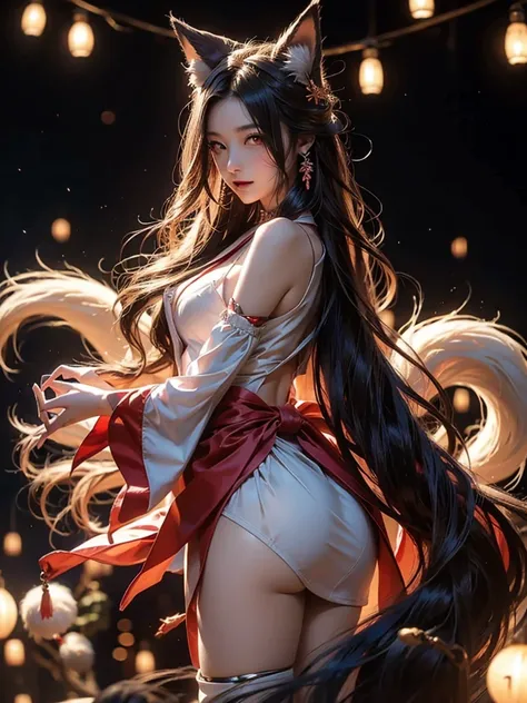 Japanese nine-tailed fox girl,Long flowing hair , henta, sex, nsfw, голое тело, соски, проститутка, секс-клуб, sex nights, bloujob , cum