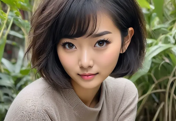 A cute young woman(age 20, Asian, not big boobs, bot big butt. Slim. Short hair) is giving off notice me senpai when she sees viewer
