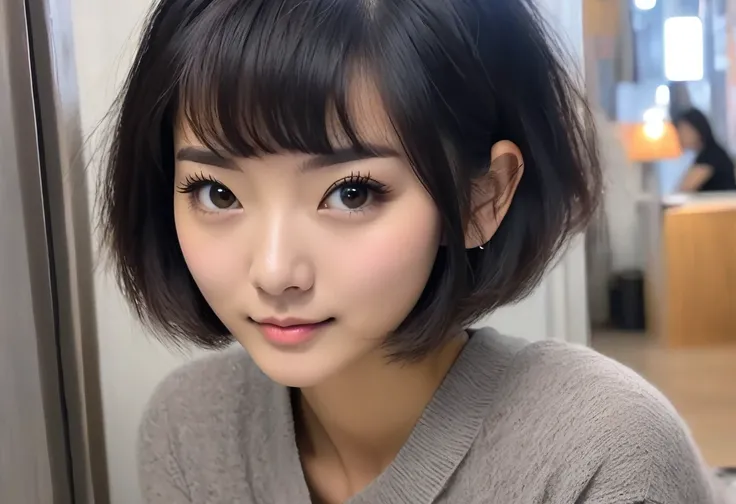 A cute young woman(age 20, Asian, not big boobs, bot big butt. Slim. Short hair) is giving off notice me senpai when she sees viewer
