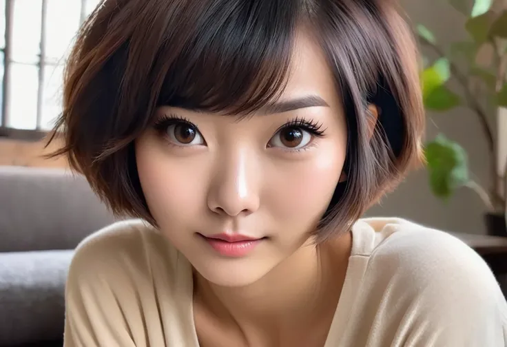 A cute young woman(age 20, Asian, not big boobs, bot big butt. Slim. Short hair) is giving off notice me senpai when she sees viewer
