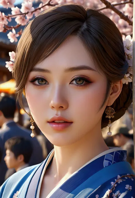 A beautiful anime girl in a bustling market, 1girl, detailed beautiful face, detailed eyes and lips, long eyelashes, intricate blueware ceramics, ornate traditional Japanese architecture, warm sunlight, cherry blossom petals, (best quality,4k,8k,highres,ma...