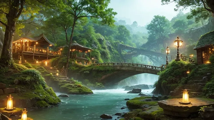 A bridge in the middle of the jungle, ancient relics, fantasy forest scenery, firefly light, elf forset