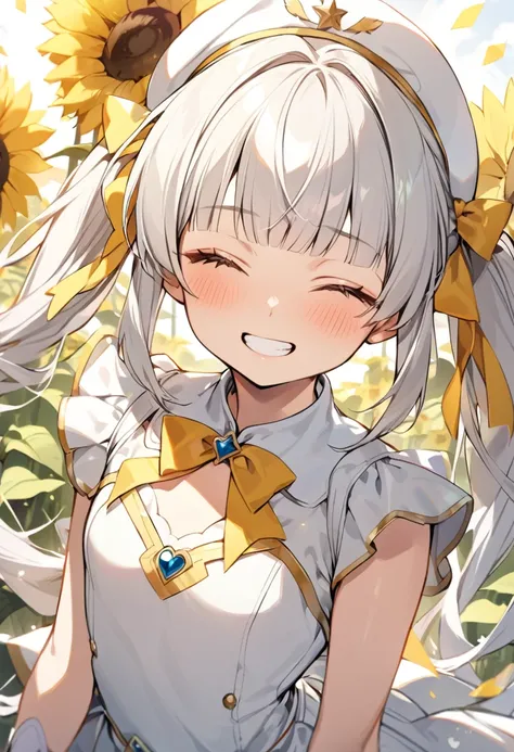 high quality, detailed, 1girl, magical girl, army costume, 15 years old, small chest, white clothes, white beret, white thighhigh, blunt bangs, white hair, long hair, twintail, yellow ribbon, grin, close eyes, sunflower