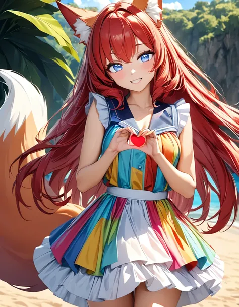 A anime cute 21-year-old fox girl with blue eyes, long red hair, fox ears, and a fox tail. She is cheerful, very kind, friendly, and happy—more than happy. She is making a heart pose with both hands at a beautiful beach, wearing a very colorful and extrava...