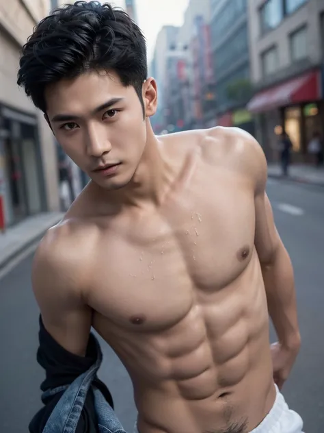 ((High quality)), ((masterpiece)), ((highly detailed)), perfect face, realistic, ((man)), ((Asian)), black hair, comma hair style, ((shirtless)), street, ((handsome)), detailed eyes, beautiful detailed nose, realistic body, realistic light, comfortable exp...