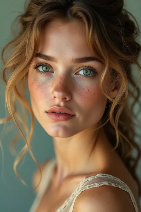 (Highest quality,High resolution,masterpiece:1.2),Very detailed,Realistic:1.37,Portraiture,Beautiful woman,Curly Hair,freckles,Detailed eyes,Detailed lips,Dirty blonde hair,Vibrant colors,Soft lighting,Studio settings,feminine,Pensive expression,Graceful p...