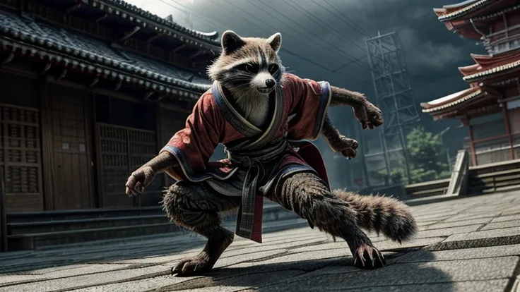 mcu, rocket raccoon, raccoon, male, skinny, buldge, detailed fur, red kimono, japan, long, exquisite katana, gloomy light, pensi...