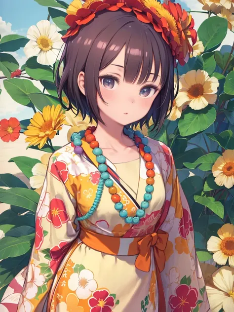 ((Highest quality)), ((masterpiece)), (Detailed face and eyes:1.2), Perfect Face, short hair, Wearing a muumuu, Hawaii, Flower Necklace, Hawaiian dress, Hawaiian lei around neck, Flowers on the head, Cowboy Shot