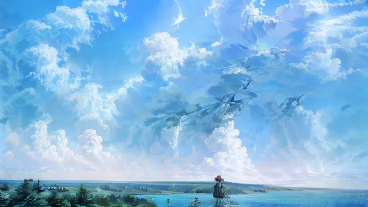 No people、Background only、Flat Line、anime、anime調、デジタルanimeアート、photograph、Back Blur、high quality、High resolution、Very detailed,summer,Ocean、Embankment, Clear blue sky、angle、Aori、look up