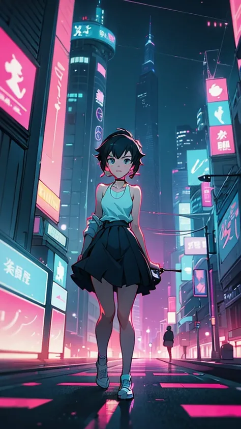 A girl is walking through the city at night, listening to music with headphones, skyscraper, neon　Makoto Shinkai style