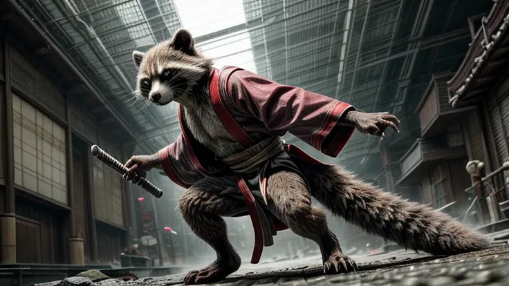 mcu, rocket raccoon, raccoon, male, skinny, buldge, detailed fur, red kimono, japan, long, exquisite katana, gloomy light, pensi...