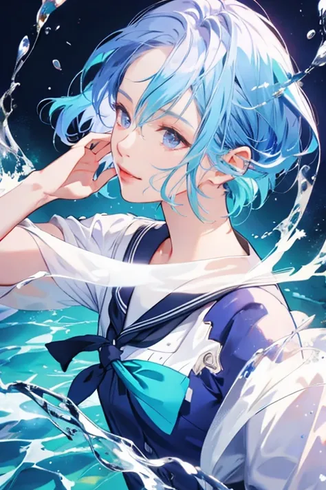 a beautiful girl with blue hair wearing small glasses, standing in the sea with water splashing around her, her hair has a gradient effect with purple eyes, wearing a sailor uniform with her hands clasped behind her back, vibrant and transparent background...