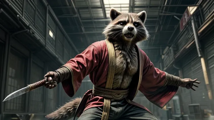 mcu, rocket raccoon, raccoon, male, skinny, buldge, detailed fur, red kimono, japan, exquisite katana  long, gloomy light, pensi...