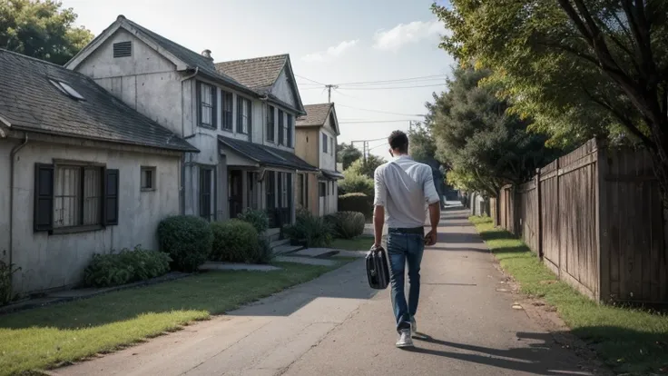 a man with short hair and a gray goatee, brown eyes, white shirt, jeans and black shoes, carrying his suitcases and walking to an old house from the 10s, with dark windows and a mysterious air, in the background the old house